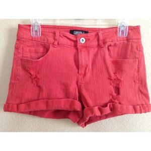 WOMENS PREMIUM FOREVER 21 ORANGE CUFFED DISTRESSED DENIM SHORTS SIZE 29